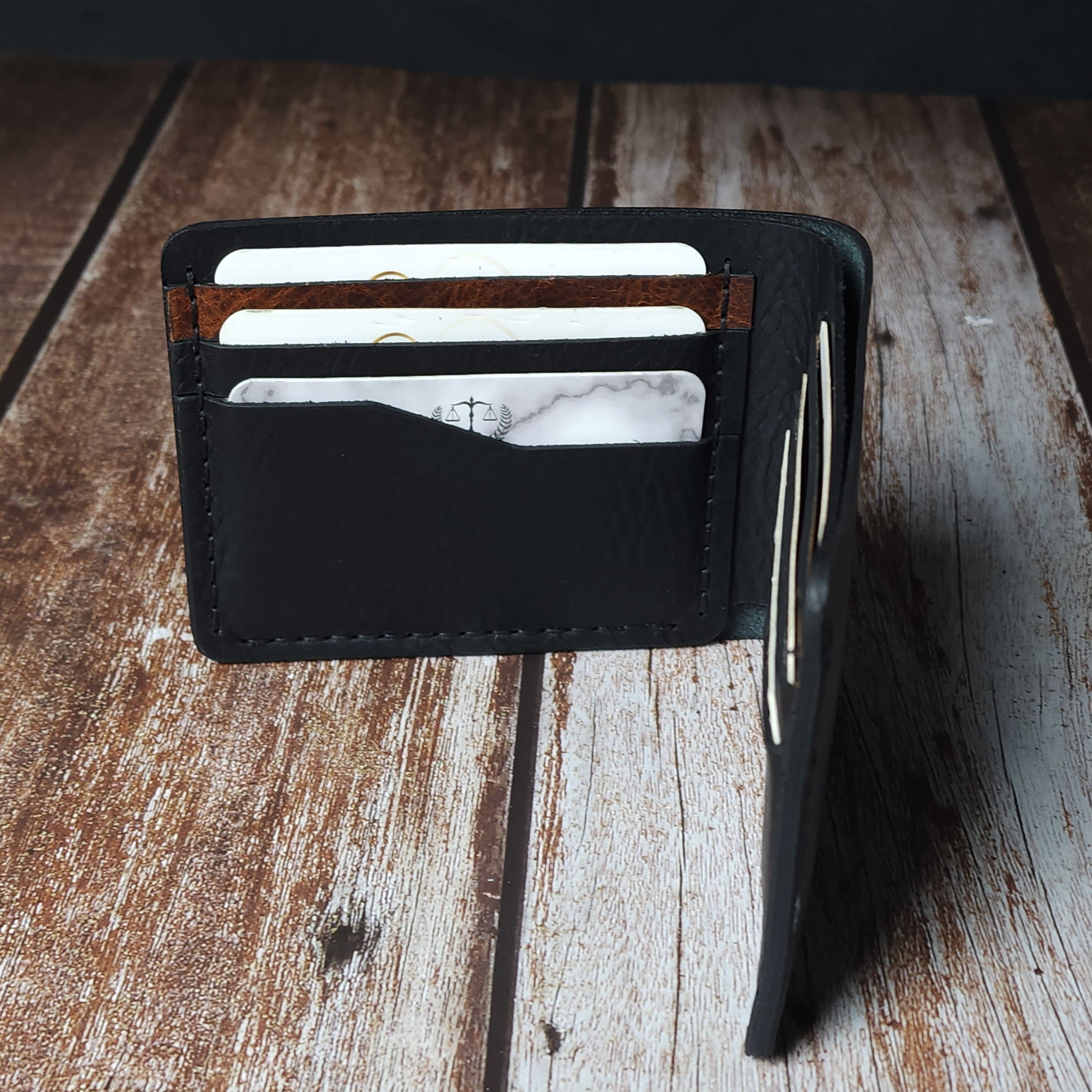 Çift Renk Detaylı Deri Cüzdan Para ve Kartlık Bölmeli El Yapımı Cüzdan